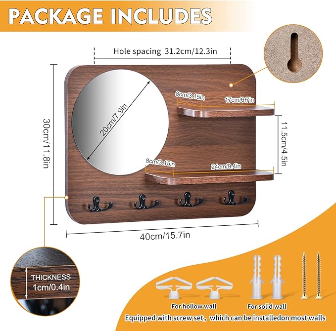 Coat Rack with Shelf Rustic Wooden Wall Mounted Hanging Coat Rack with Mirror Shelves and 4 Double Hooks Decorative Entryway 