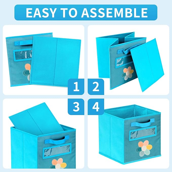 Cube Storage Bins, 6 Pack 11 Inch Fabric Storage Bins with Handle and Label Window, Foldable Storage Cubes, Colorful Fabric B