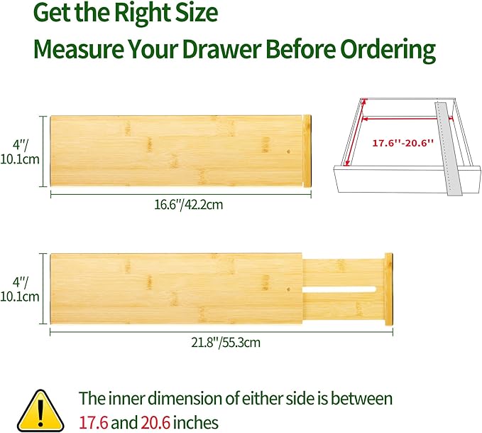 VaeFae 3 Pack Bamboo Drawer Dividers, 4" High Adjustable 16.6" - 21.8" Clothes Drawer Organizers, Expandable Separators for B