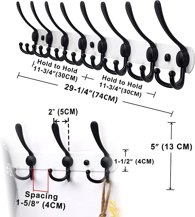 Dseap Coat Rack Wall Mount - 29.5” Long 8-Tri-Hooks Heavy Duty Coat Hanger Rail Wall Hooks for Hanging Coats Hats Clothing Cl