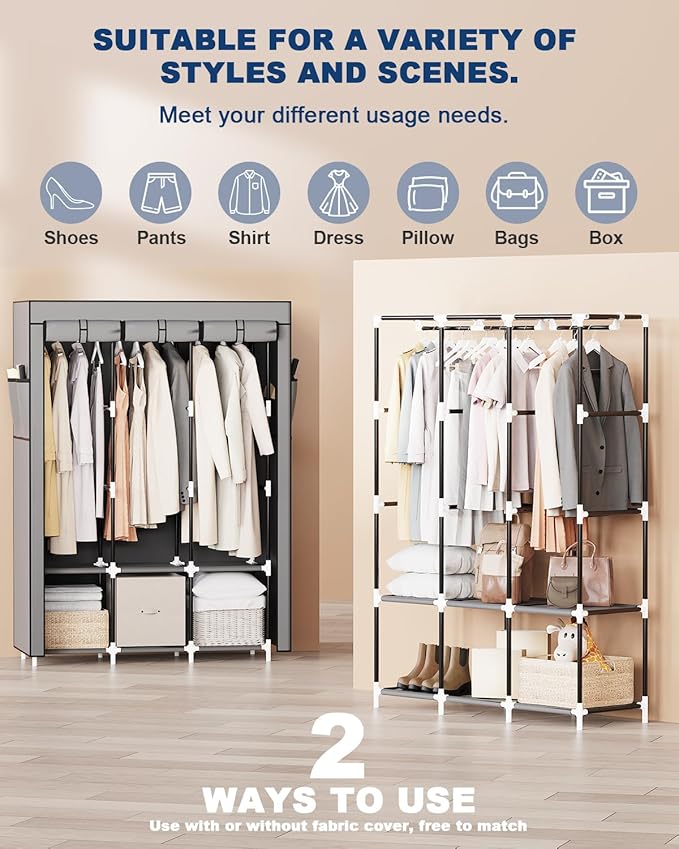 Mavivegue Portable Closet, 50 Inch Wardrobe Closet, Portable Closets for Hanging Clothes with 3 Hanging Rods and 6 Storage Sh