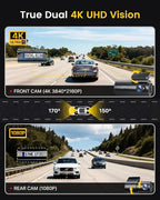 GKU Dash Cam Front and Rear Camera – 4K+1080P Dual Dash Camera for Cars with 64GB SD Card, 5GHz WiFi & App Control, Night Vis