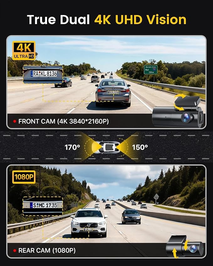 GKU Dash Cam Front and Rear Camera – 4K+1080P Dual Dash Camera for Cars with 64GB SD Card, 5GHz WiFi & App Control, Night Vis