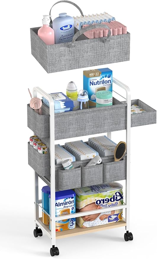 LIDTOP 2In1 Diaper Caddy & 4-Tier Rolling Diaper Cart, Diaper Caddy Organizer Cart with Dividers & Drawer, Mobile Metal Bedsi