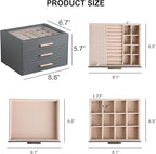 Frebeauty Clear Lid Jewelry Box,3-Layer Jewelry Organizer with Drawer,PU Leather Jewelry Organizers and Storage,Jewelry Boxes