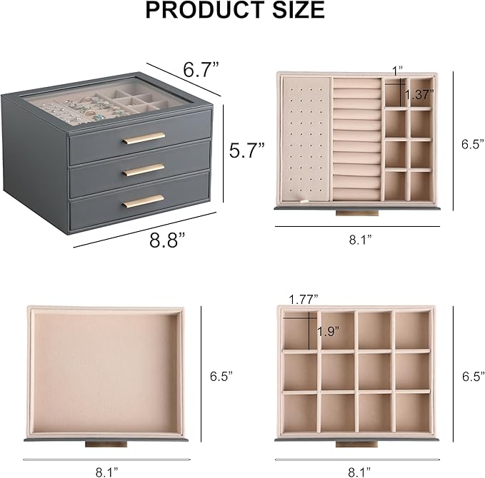 Frebeauty Clear Lid Jewelry Box,3-Layer Jewelry Organizer with Drawer,PU Leather Jewelry Organizers and Storage,Jewelry Boxes