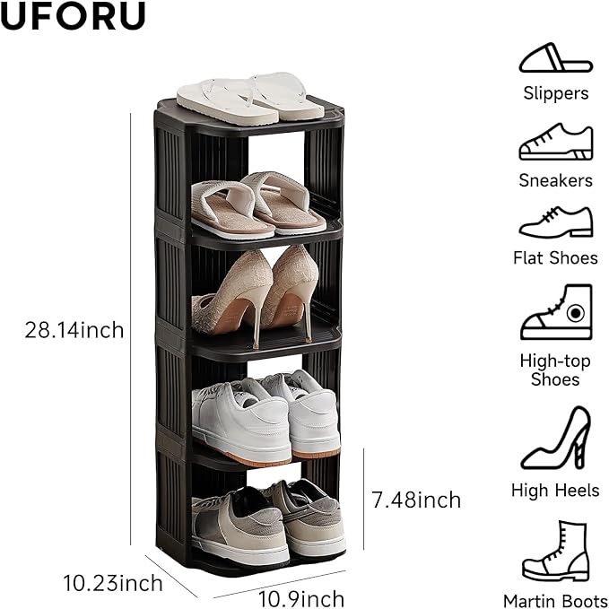 Small Shoe Rack, 5 Tier Plastic Vertical Shoe Rack for Small and Narrow Spaces, Free Standing Shoe Organizer for Closet, Entr