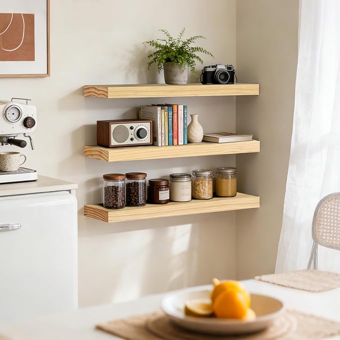 Floating Wall Shelves 24x6.8x1.7 Inch – Solid Wood Rustic Shelves in Natural Wood Finish – Wall Mounted Display Shelf for Bat