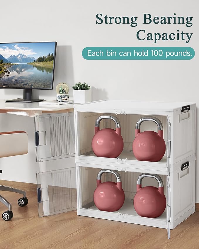 OlarHike 97QT Stackable Storage Bins with Lids - Folding Storage Box with Doors and Wheels, Collapsible Plastic Storage Drawe