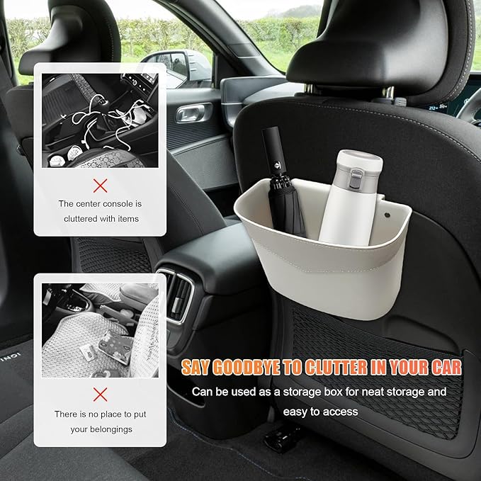 Car Trash Can, Mini Auto Garbage Bin Multipurpose Storage Container with Slot Clip, Waterproof Leather Small Dustbin Interior Accessories for Vehicle Door Front Back Seat (White)