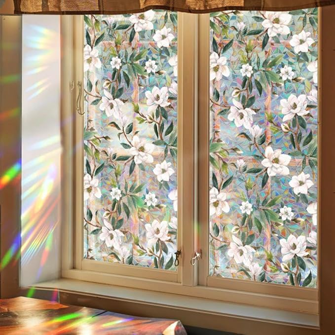 JOONOR Retro Gardenia Flowers Window Privacy Film,Gardenia Stained Glass Window Tint for Home,3D Rainbow Static Cling Sticker for Bathroom Living Room Glass Door,16.93 x 39.37 Inch