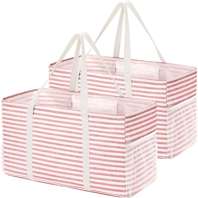 Lifewit Extra Large Tote Bag, Reusable Grocery Bags with Metal Wire Frame and Handles, Standing Utility Foldable Shopping Bags for Storage, Picnics, Beach, Laundry, Car, 46L, 2 Pack, Pink