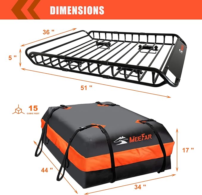 MeeFar Roof Rack Carrier Carrier Basket 51"*36"*5"+Waterproof Bag 15 Cubic Feet(44"*34"*17"),and Cargo Net with Attachment Hooks,Ratchet Straps.200 Lbs Capacity,Universal Rooftop Large Size Roof Rack