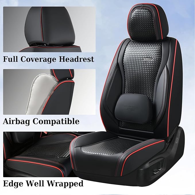 Coverado Seat Covers, Car Seat Covers Front Seats, Waterproof Nappa Leather Auto Seat Cover with Lumbar Head Pillow, Black Re