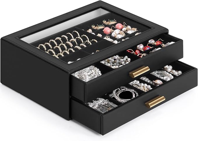 AKOZLIN Jewelry Box with Clear Lid Functional Leather Jewelry Storage Organizer Case 2 Drawers for Women Girls Necklace Ring 