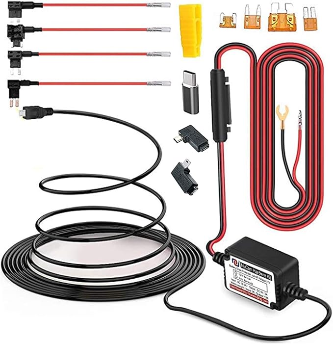 NUNET Type C Dash Cam Hardwire Kit, MicroUSB & Mini USB 15ft Power Cable with Low Voltage Protection, 11.9V Cut-Off, 4 Fuse Types (Mini/LP/ATO/Micro2), Universal Hard Wire Kit for Cars & Trucks