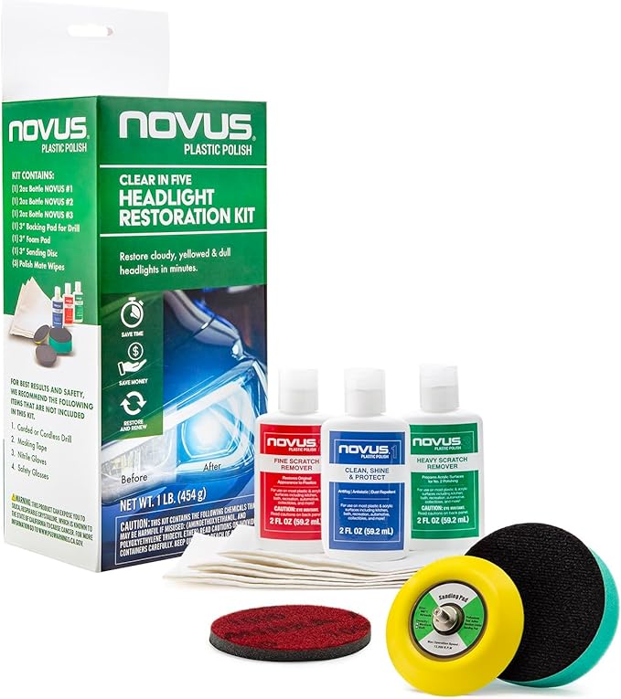 Novus Clear in Five Headlight Restoration Kit, 2 Ounce #1, 2, & 3 Bottles, Buffing Pad, Backing Pad Drill Attachment, 1,000 G