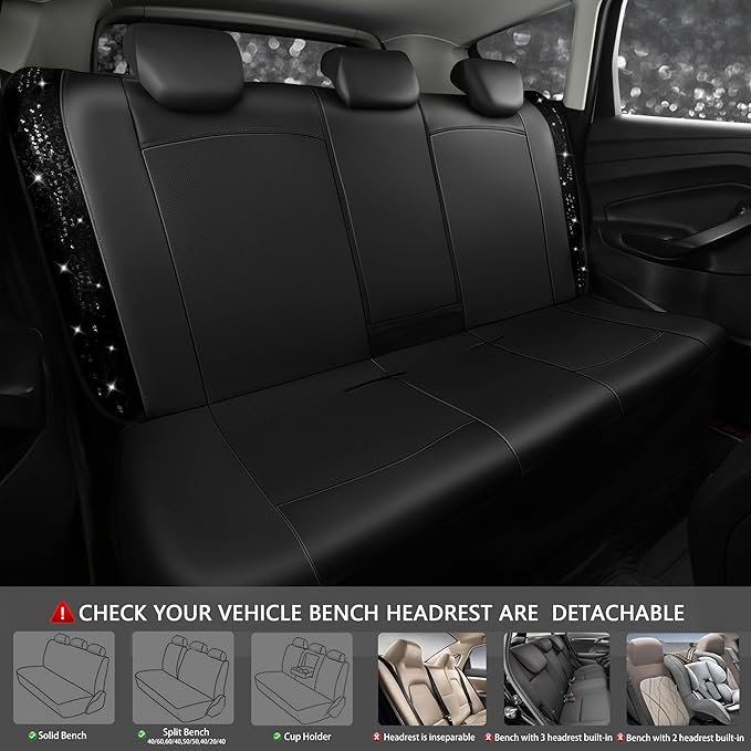 CAR PASS Universal Black Leather Lace Car Seat Covers Full Set for Women Girls,Waterproof Car Floor Mats Carpet,Glitter Steer