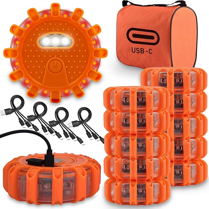 USB-C Rechargeable LED Road Flares Emergency Lights-Large Capacity (Lithium Battery) 3 in 1 Cable Roadside Warning Car Safety