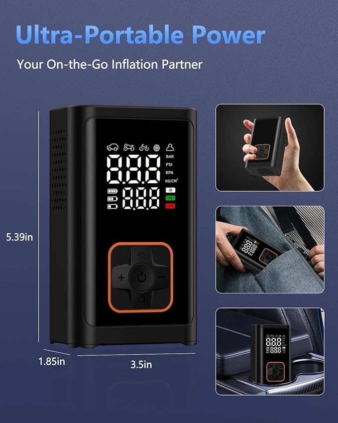 Tire Inflator Portable Air Compressor Cordless -150PSI Electric Air Pump & Digital Pressure Gauge, Air Compressor for Car Tires, for Bike Motorcycle Balloons, Emergency LED Light