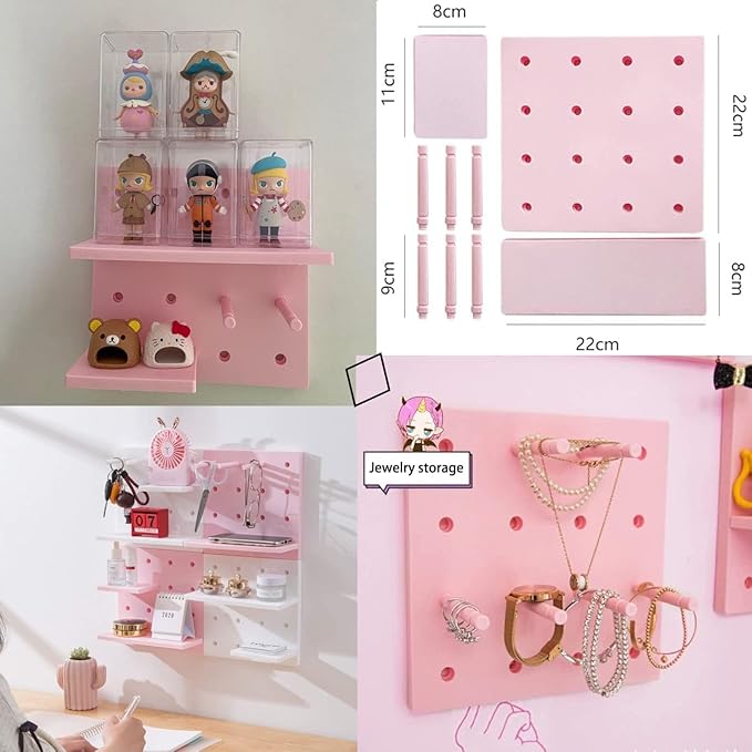 HGYZE Peg Boards for Wall with Shelf & Hooks, No Punching Craft Storage, Small Pegboard Ledges Organizer for Hanging Keychain