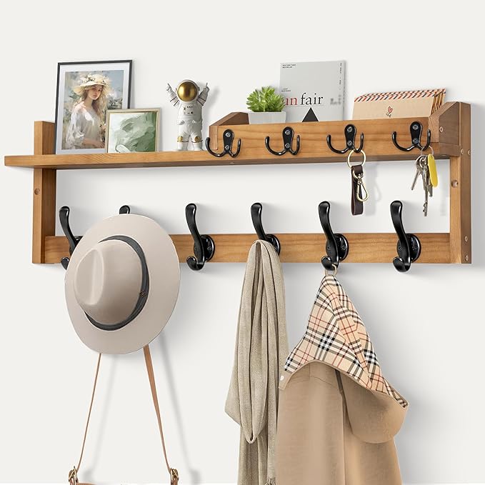 Coat Rack Wall Mount with Shelf, 27.5" Entryway Wall Hanging Shelf, Coat and Key Hanger with 10 Dual Hooks, Mail Organizer an