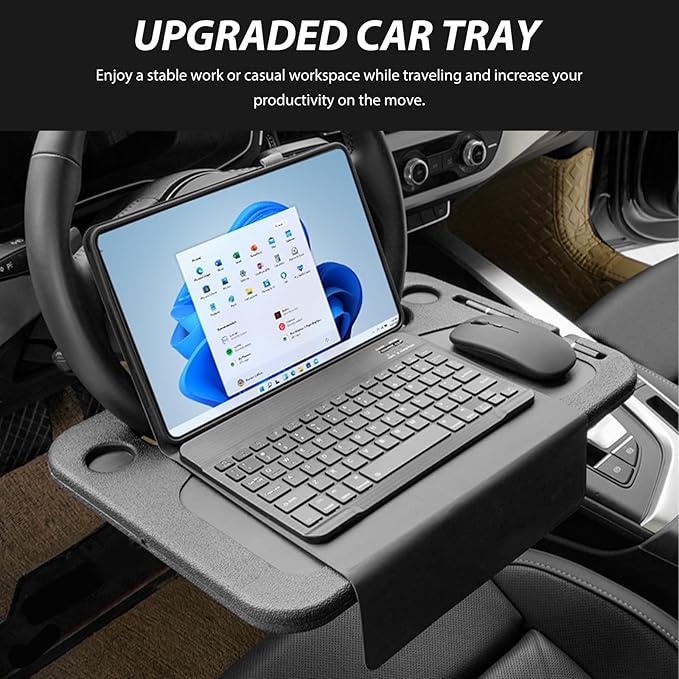 4 in 1 Car Steering Wheel Tray, Multipurpose Steering Wheel Desk with Cup & Dual Sauce Dip Holder, Spacious Car Food Tray with Tablet Slot for Eating Drinking Working