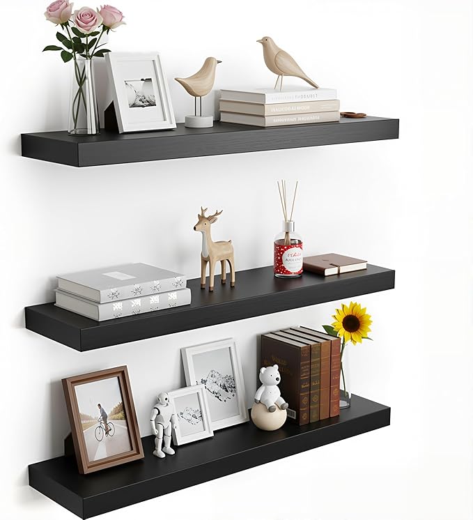Floating Shelves for Wall, 23.6 inch Long Set of 3 Wood Rustic Wall Mounted Shelves, Display Shelf with Invisible Heavy, Larg