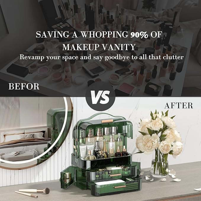 LINFIDITE Cosmetics Storage Box Transparent Lid Large Makeup Organizer Box Drawers Portable Handle Waterproof Dustproof Skinc