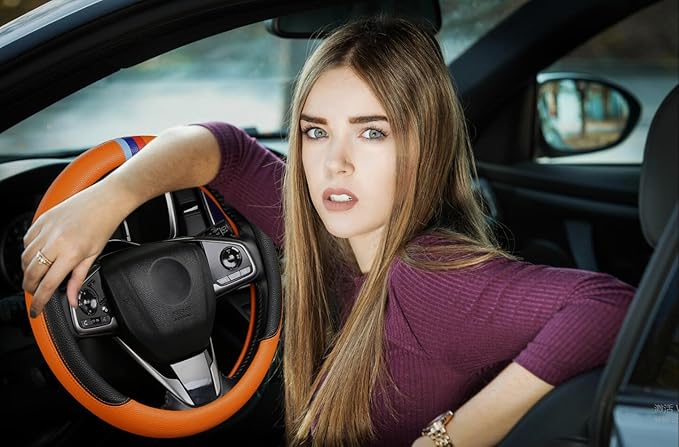 Cxtiy Steering Wheel Cover for BMW X1 X2 X3 X4 X5 X6 330i 530i 740i iX1 iX3 i4 i5 M3 M5 (Orange, Standardized(14.5'-15'))