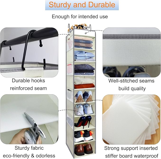 2 Pack Large-Sized Hanging Shoe Organizer 10-Shelf, Sturdy Hanging Closet Organizer with 8 Side Pockets, Wider Hanging Shelve