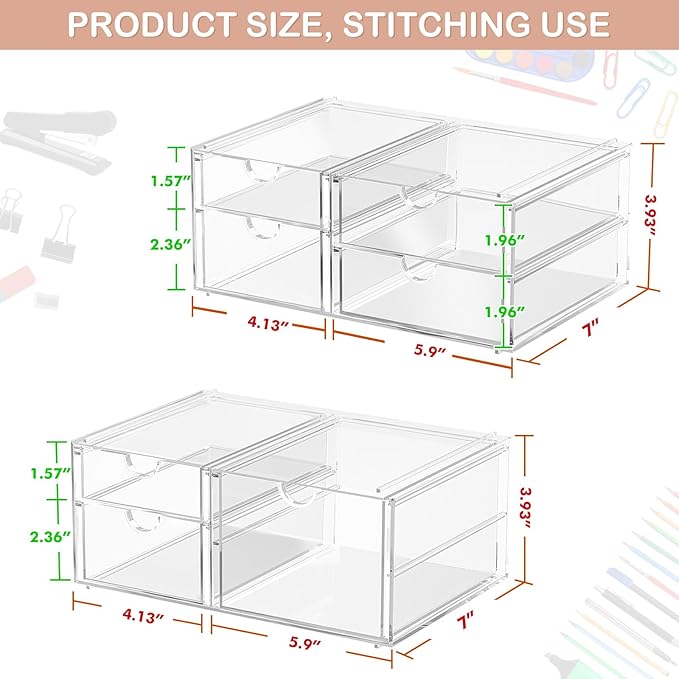 2 Pack Desk Organizers, Makeup Organizer Storage with 7 Drawers, Desktop Office Supplies, Clear Desk Accessories, Dustproof D