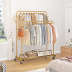 Laiensia Double Rods Garment Rack with Wheels, Clothing Rack for Hanging Clothes,4 Hooks, Multi-functional Bedroom Clothes Ra