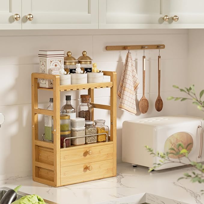 AmazerBath Bamboo Bathroom Countertop Organizer, 2-Tier Makeup Organizer with 2 Drawers, Vanity Organizer Storage Coffee Matc