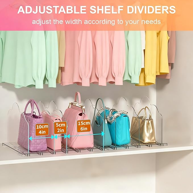 ANTOWIN 2 Pack Purse Organizers for Closet, Clear Adjustable Shelf Divider, Handbag Separators Storage Organizer, Shelf Divid