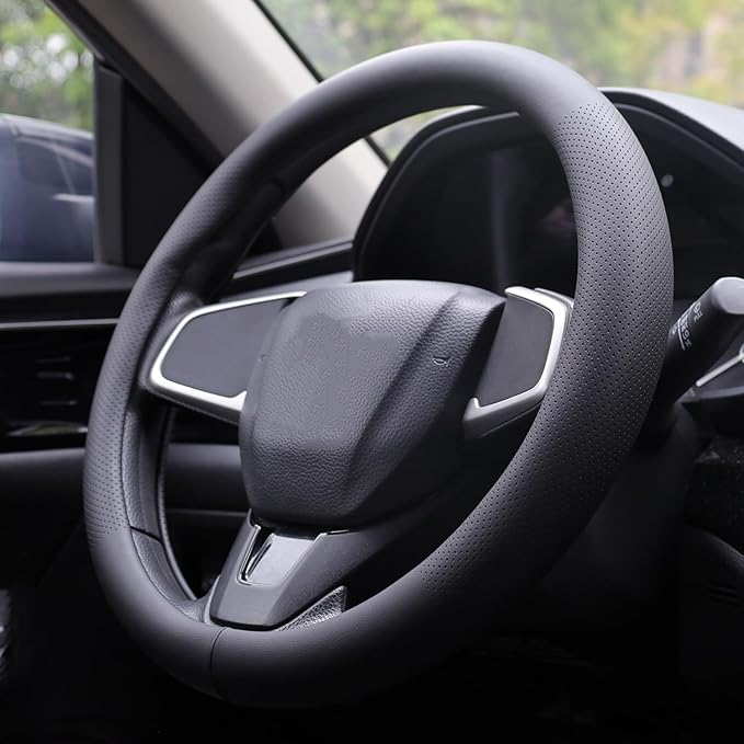 XHRING Car Steering Wheel Cover for Volvo XC90 XC60 S60 XC40 S90 S80 S70 XC70 V90 V70 V60 V50 V40 S50 S40 L200 C70 C30 T5 Momentum B5 R-Design T8 Recharge Accessories, Leather Black 14 ½''-15''