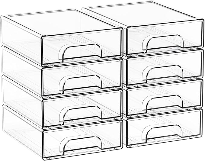Yieach 2.2'' Tall Acrylic Clear Stackable Storage Drawer Organizer,8 Pack Desk Organization and Storage,Plastic Office Supply