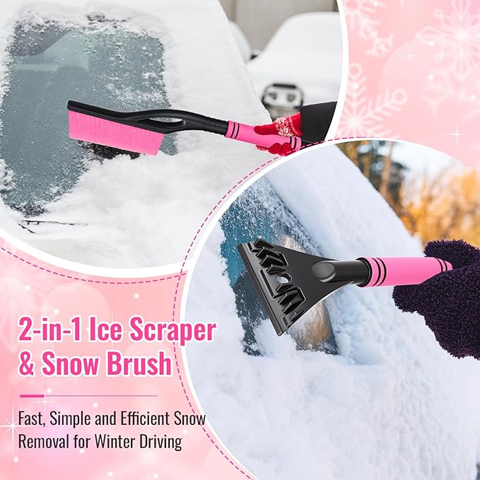 Lasnten 24'' Snow Brush and Ice Scraper for Car Windshield, 2 in 1 Detachable Snow Scraper with Soft Grip Handle and Additional Handhold, Multi-functional Removal Tool for Car, Truck, SUV, Pink