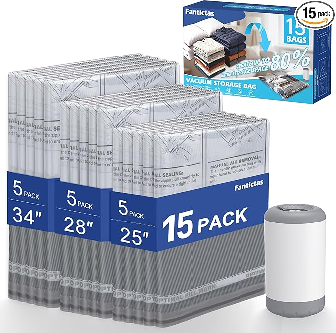 Fantictas Travel Vacuum Storage Bags with Rechargeable Air Pump, 15 Pack Portable Space Saver Bags, Compression Bags for Clot