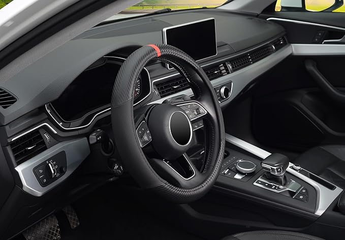 KAFEEK Car Steering Wheel Cover Men, Universal 15 inch, Microfiber Leather Carbon Fiber Black Steering Wheel Accessories, Ant