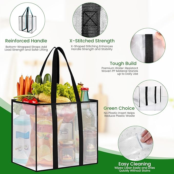 4 Pack Reusable Grocery Bags, Heavy-Duty Shopping Bags with Sturdy Handles, Water-Resistant & Foldable Organizer, Shopping Bags for Groceries, Market, Car Trunk, Multi-Purpose, 33L