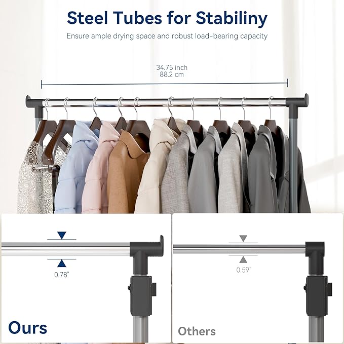 Whitmor Foldable Garment Rack - Rolling Clothes Rack - Adjustable Height Garment Rack, Heavy Duty Foldable Clothes Rack with 