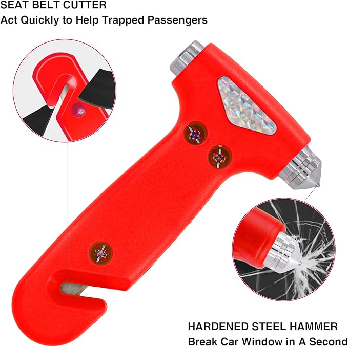 Car Safety Hammer for Lady, 2 Pack Red 3-in-1 Emergency Escape Tool with Window Breaker and Seat Belt Cutter, Safety Emergenc