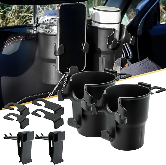 Headrest Back Seat Car Cup Holder, Versatile Road Trips Car Storage Organizer with Hanger for Bottles, Drinks, and Coins, Compatible with Cars, SUV, Trucks 2 Pack