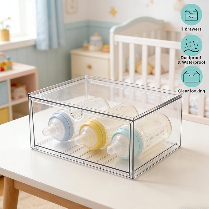 Prsildan Acrylic Makeup Organizer Stackable Clear Storage Drawers for Baby Bottles Desk Organizers for Countertop Vanity Nurs