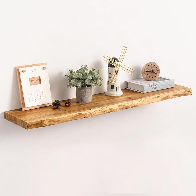 Live Edge Floating Shelf, 40 Inch Rustic Solid Elm Wood - Natural Wood Tone with Invisible Brackets, Wall Mounted for Living 