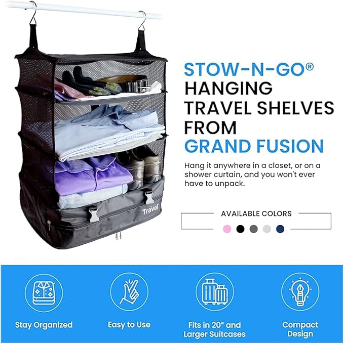 Grand Fusion Stow-N-Go Packing Organizer for Luggage, Portable Hanging Travel Shelves, Carry-On Closet, Hanging Packing Cubes