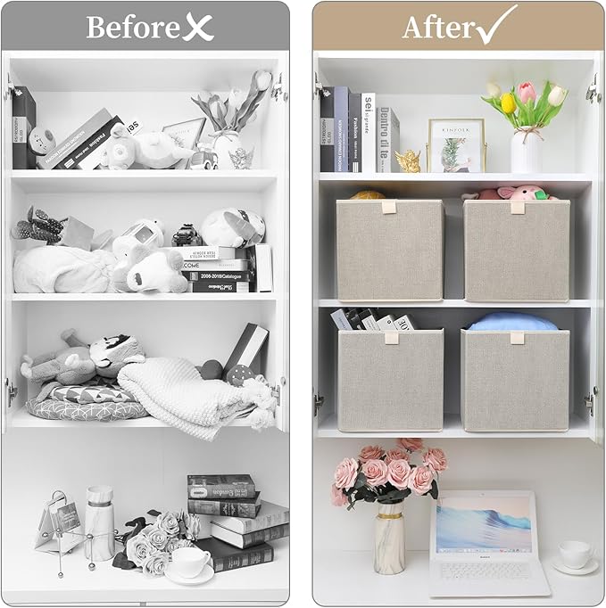 Storage Baskets, 11.8-Inch Woven Fabric Bins, Storage Cubes with Reinforced Handles, Organizer Bins for Closet Shelves, Folda