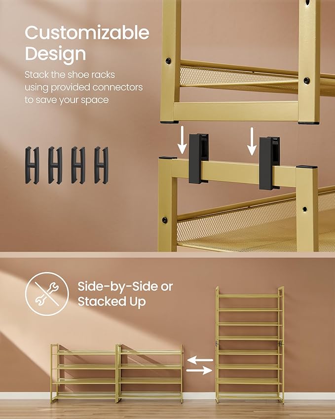 SONGMICS Shoe Rack, 8-Tier Shoe Organizer, Metal Rack for Garage, Set of 2, 4-Tier Stackable Shelf, with Adjustable Flat or A
