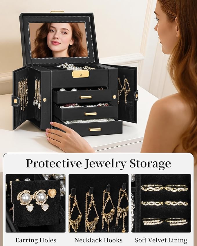 TORIBIO Jewelry Box for Women, Leather Jewelry Organizer with Mirror & Lock, 4-Tier Jewelry Storage Organizer with 3 Drawers 